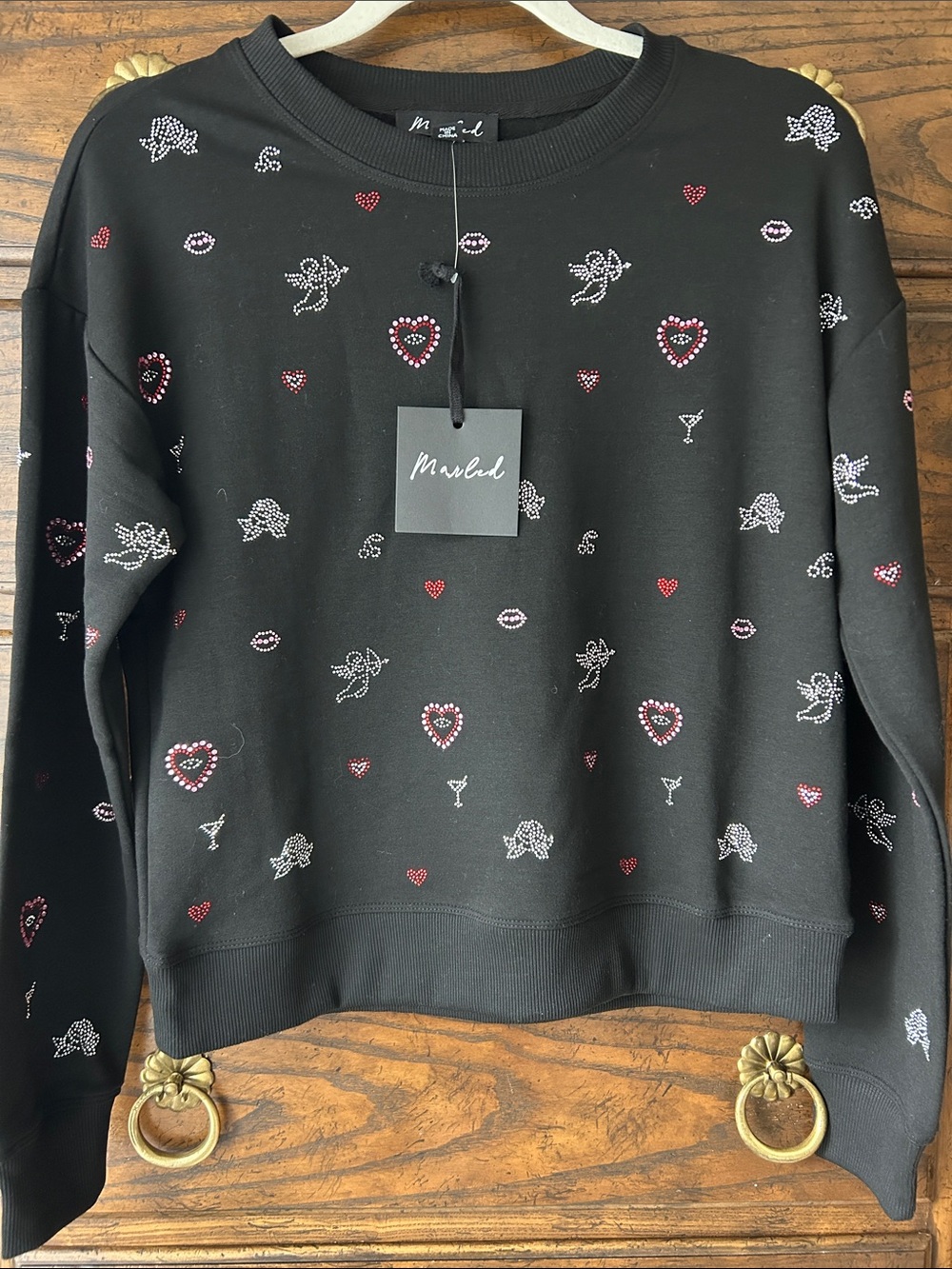 Marled NWT Black Sweatshirt with Red & Silver Heart and Cupid Embellishments, XS